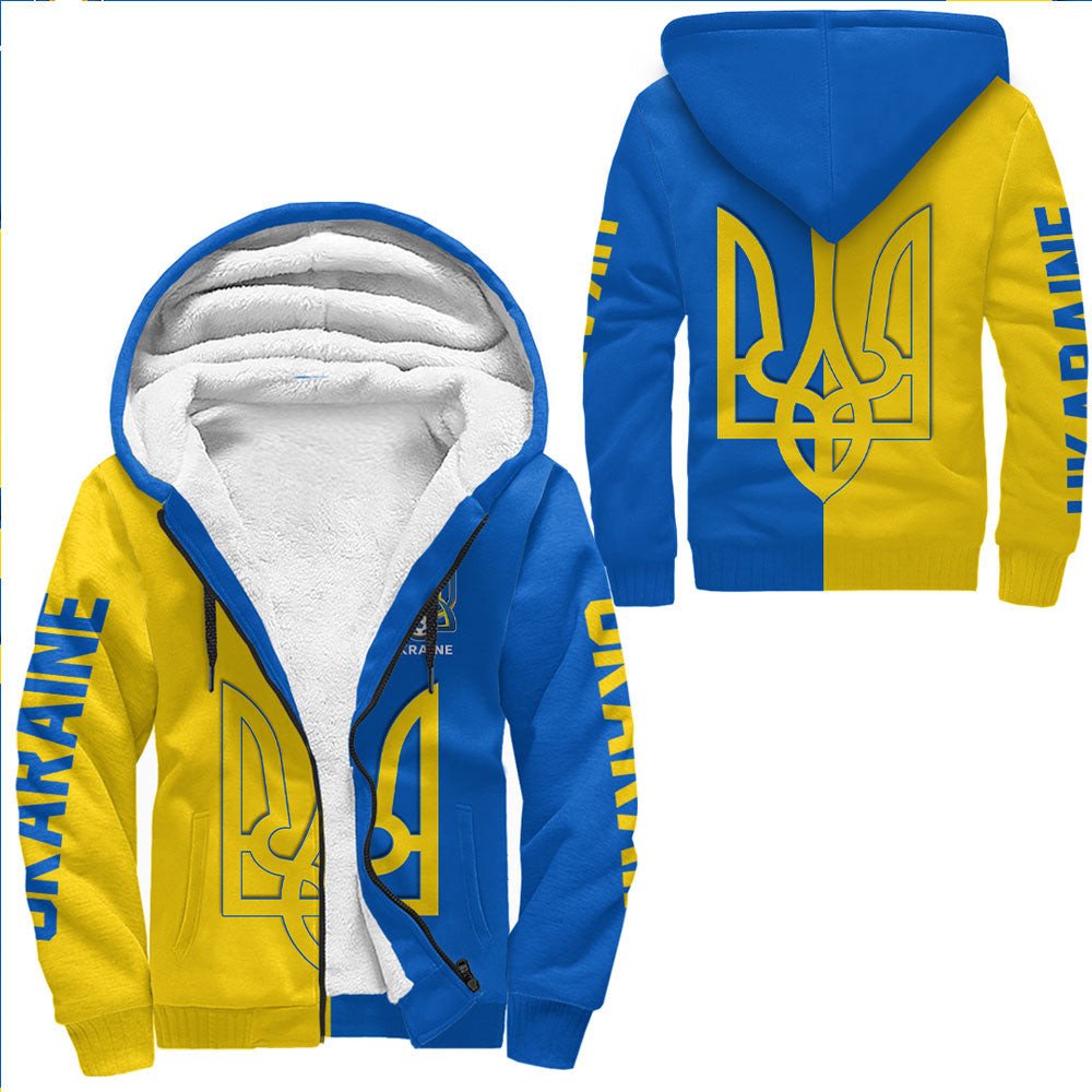 Two-tone blue and yellow sherpa-lined zip hoodie, open front with hood lining visible