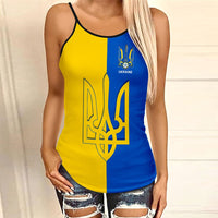 Women's criss cross tank top, black trim, blue-and-yellow Ukraine crest front print