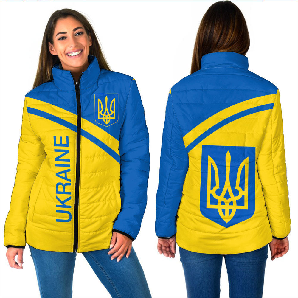 Blue-and-yellow padded zip jacket with Ukrainian trident crest, front and back