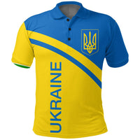 Front view blue polo with yellow diagonal stripe, trident crest, and button placket