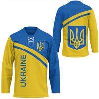Blue-and-yellow hockey jersey with UKRAINE text and Ukrainian trident crest