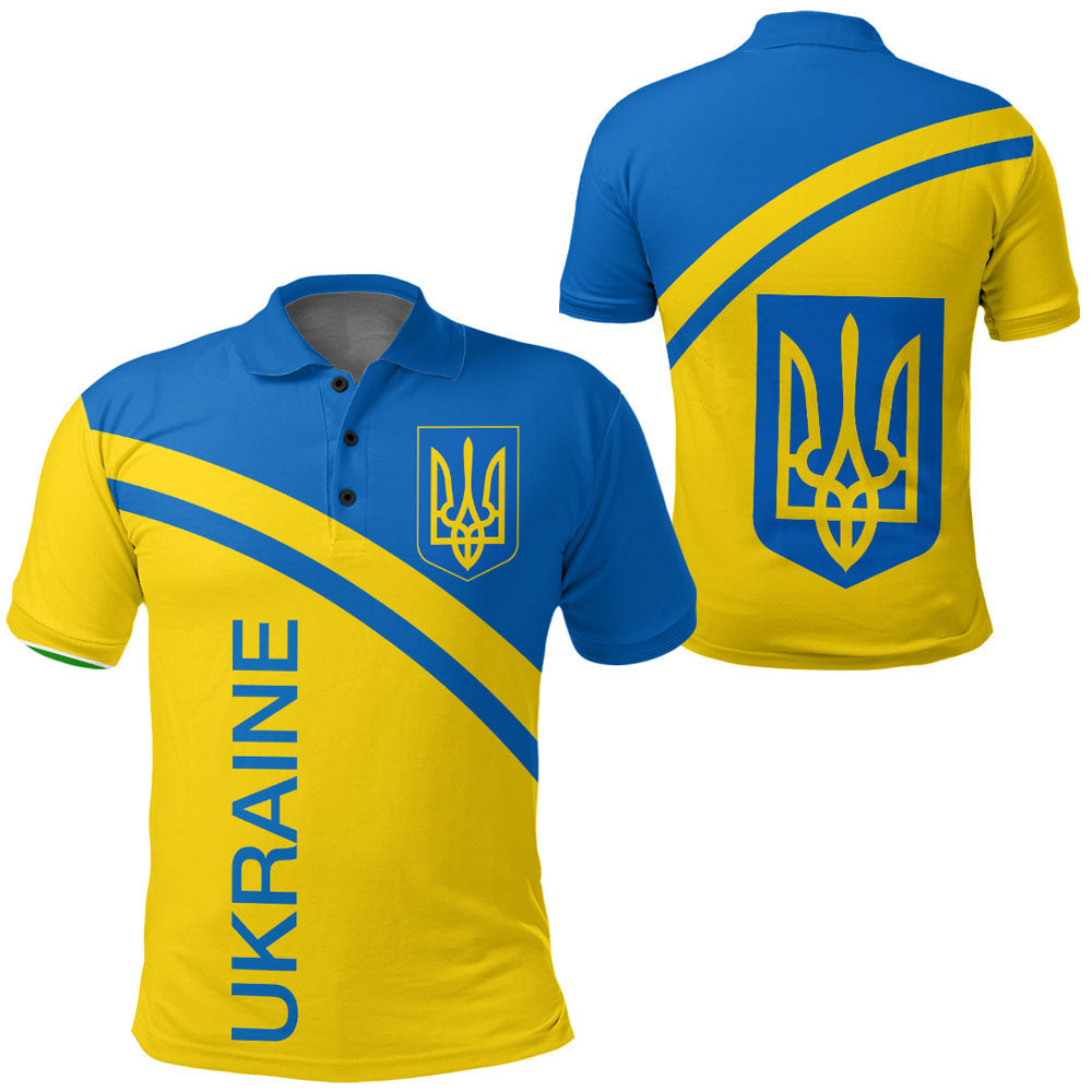 Blue-and-yellow polo shirt with trident crest and vertical 'UKRAINE' text