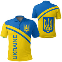 Blue-and-yellow polo shirt with trident crest and vertical 'UKRAINE' text