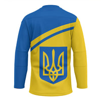 Back blue-and-yellow hockey jersey with Ukrainian trident crest and diagonal stripe