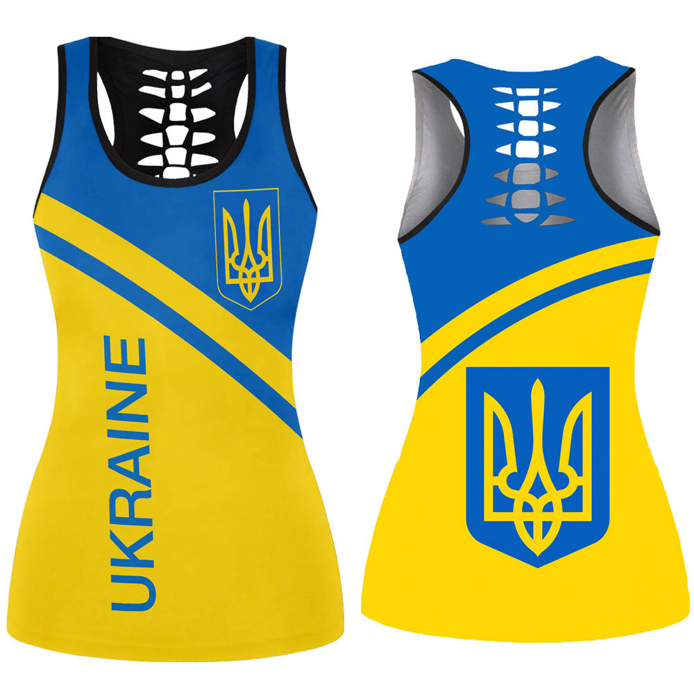 Yellow and blue Ukrainian trident hollow tank top with ribcage cutout neckline