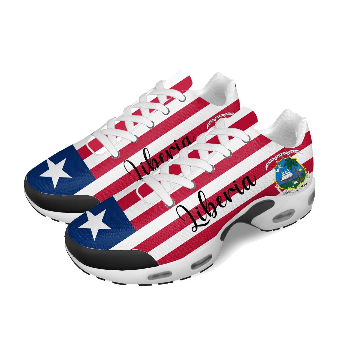 Liberia striped sneakers with blue star panels, red/white uppers, white laces, gray sole