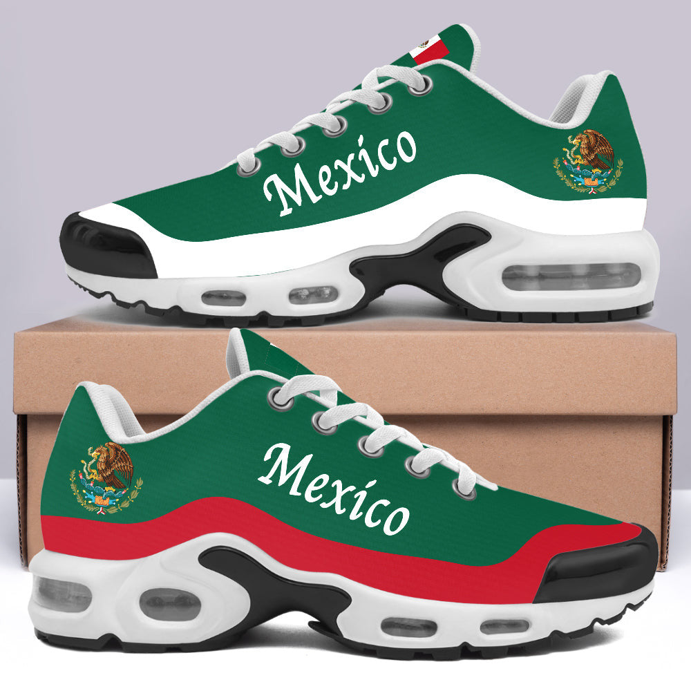 Green Mexico print sports shoes with white laces, cushioned air sole, side view