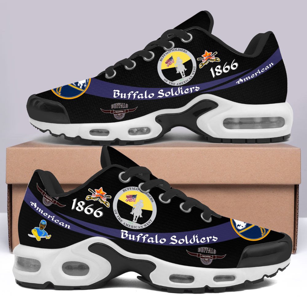 Black lace-up sport shoes with Buffalo Soldiers graphic and cushioned air sole