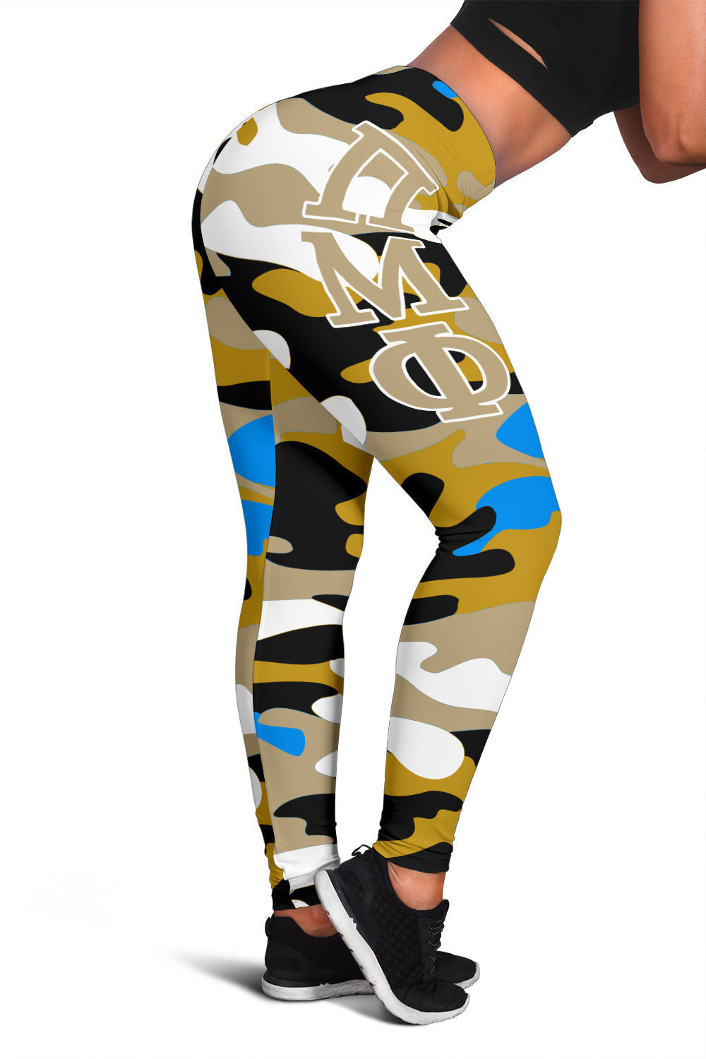 Camouflage leggings with large crest letters and blue accents; ankle to hip view