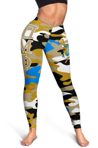 Side view of camo leggings with crest print; blue and gold accents, full length