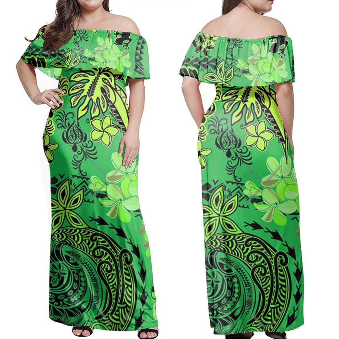 Green off-shoulder long dress with bold tribal and floral leaf print, maxi length
