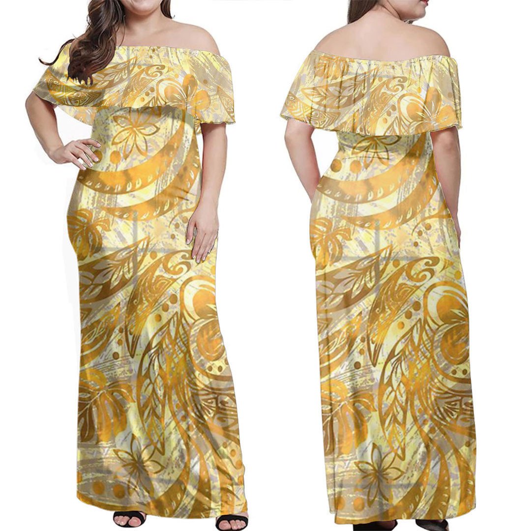 Yellow off-shoulder long dress with gold Polynesian-style painted floral swirls