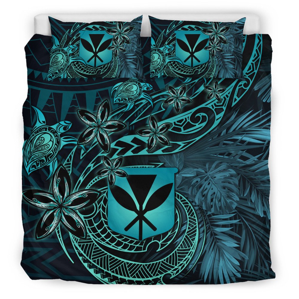 Turquoise teal duvet cover set with honu turtle, tiare flowers, and tribal pattern