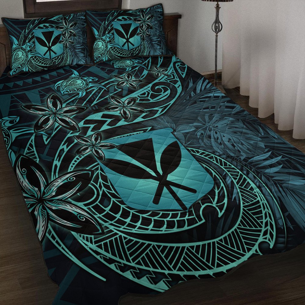 Turquoise tropical quilt bed set with honu and tiare flower prints; matching pillowcases