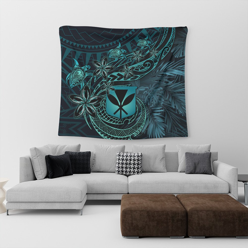 Turquoise and dark teal Hawaii tapestry with honu turtle, tiare flowers, leaf pattern