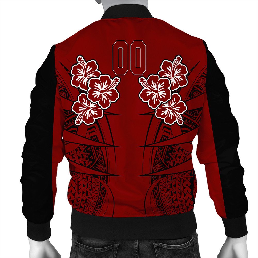 Red bomber jacket back with '00' outline, white hibiscus clusters, black ribbed cuffs