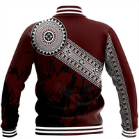 Back view red jacket with black-and-white diagonal band print and striped ribbed hem