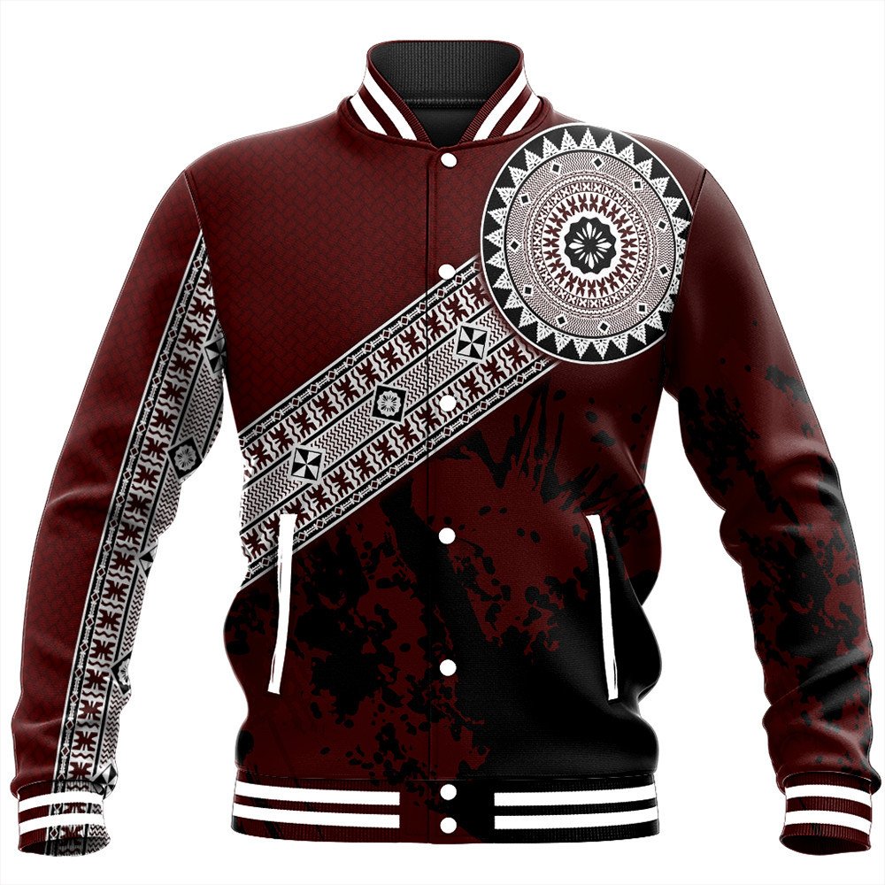 Red baseball jacket with black collar, white striped cuffs, and large Polynesian front graphic