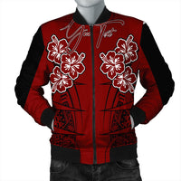 Red bomber jacket front zip with white hibiscus flowers and 'Your Next' script, black trim