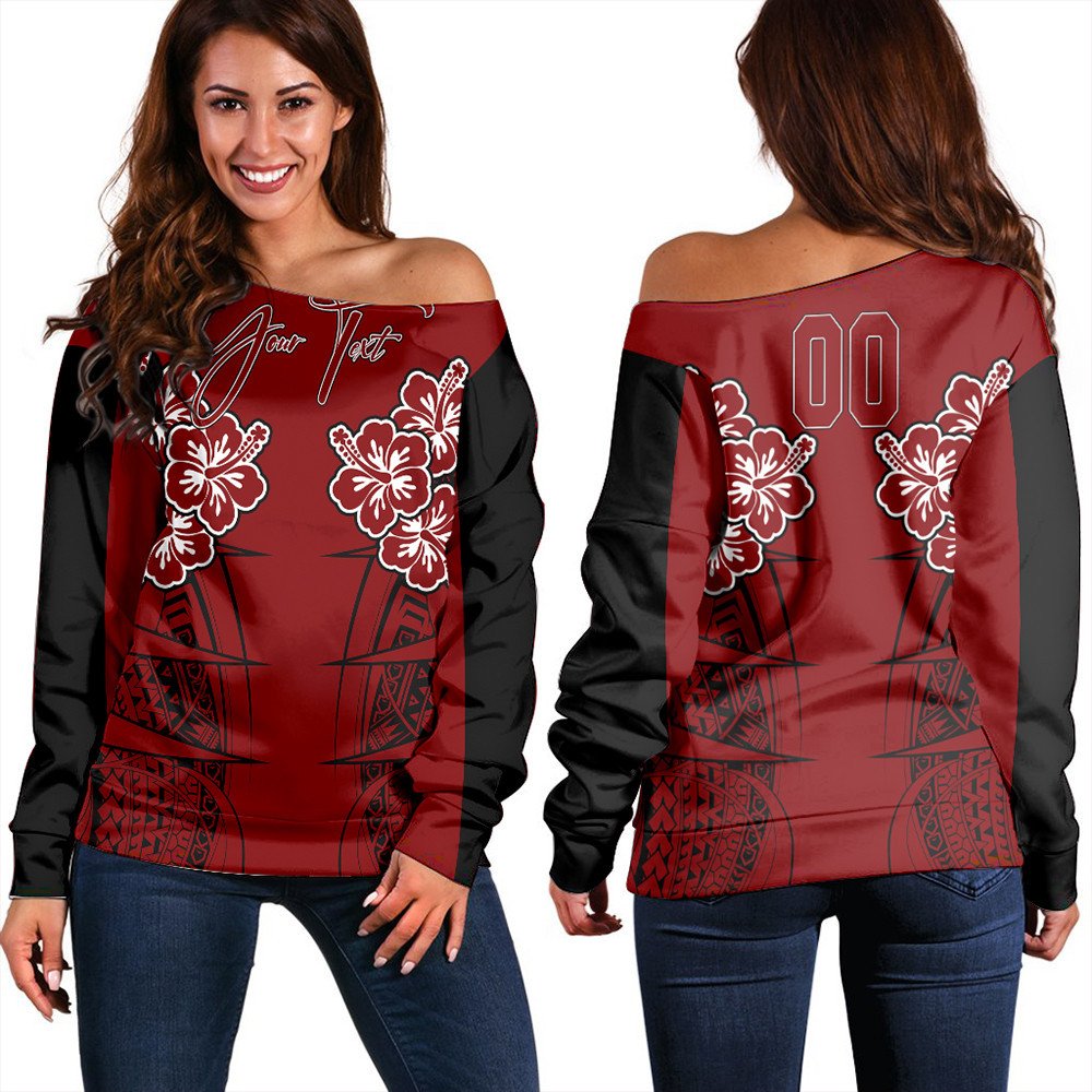 Women’s off-shoulder sweatshirt, red with black sleeves and hibiscus spearhead graphic
