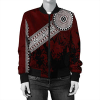 Red bomber jacket front with diagonal white tribal stripe and circular chest emblem