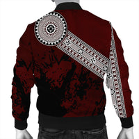 Red bomber jacket back view with large circular white motif and black/white stripe print