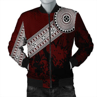 Red bomber jacket with black cuffs, white Polynesian print panel and front zipper