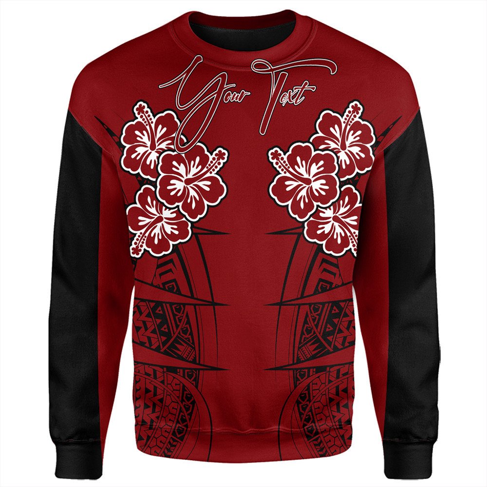Red unisex sweatshirt, black sleeves; front hibiscus and spearhead print with “Your Text”