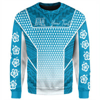 Blue Polynesian sweatshirt with geometric print, floral sleeves, and your custom text