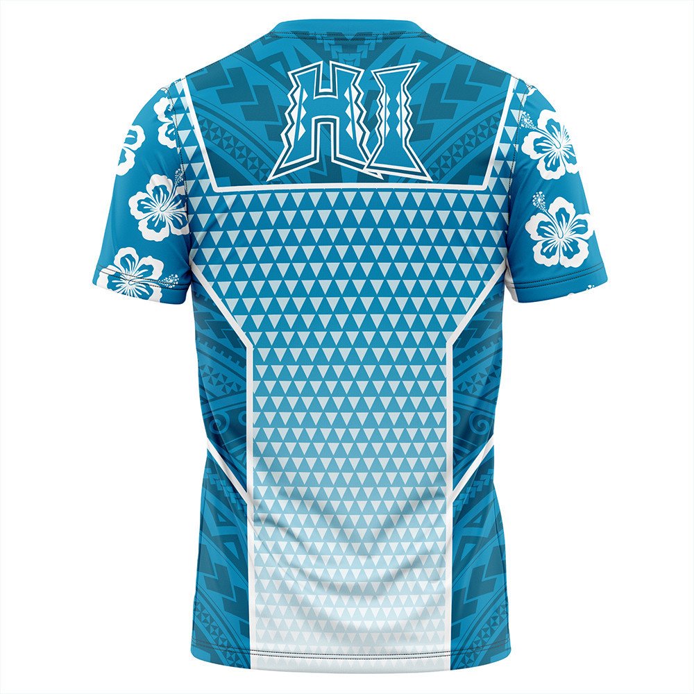 Back of blue Polynesian T-shirt with large HUI graphic and geometric pattern