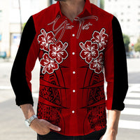 Red long-sleeve button shirt with black sleeves, white hibiscus and tribal front print