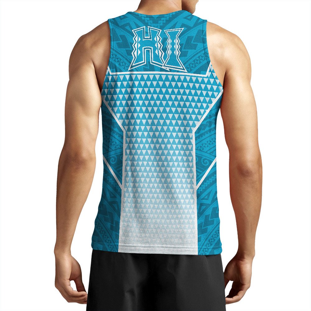 Blue gradient Polynesian tank top with large HI logo and pattern on back
