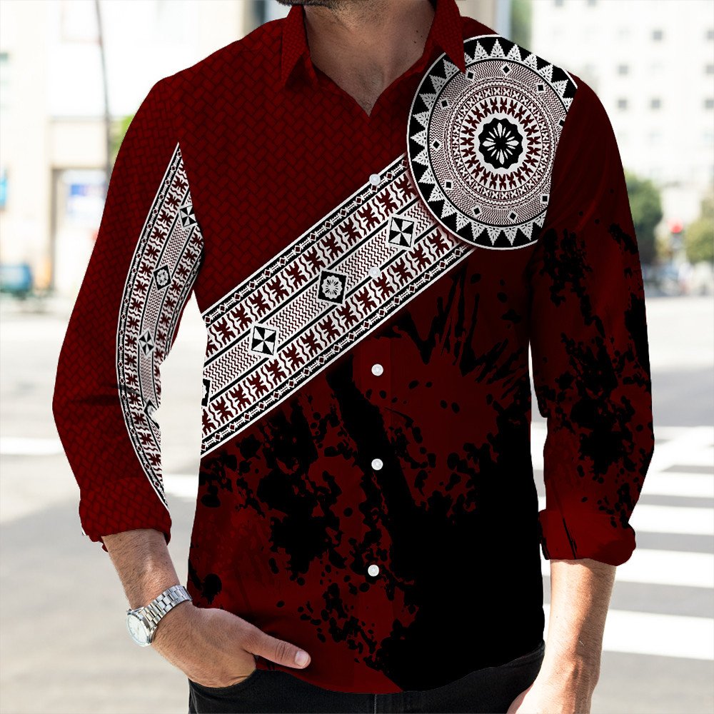 Red long-sleeve button shirt with tribal diagonal band and circular white print