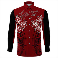 Red unisex long-sleeve button shirt, white hibiscus and tribal design with “Your Text”