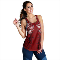 Red racerback tank with white hibiscus and spearhead tribal print