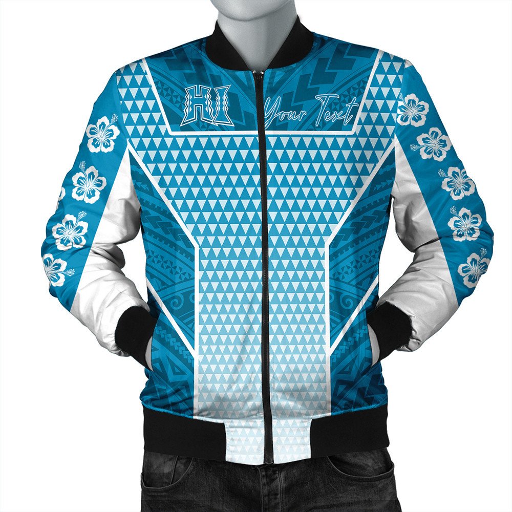 Blue and white Polynesian bomber jacket with zip, floral sleeves and geometric pattern