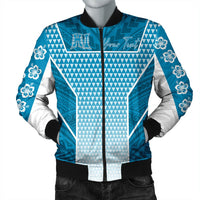 Blue and white Polynesian bomber jacket with zip, floral sleeves and geometric pattern