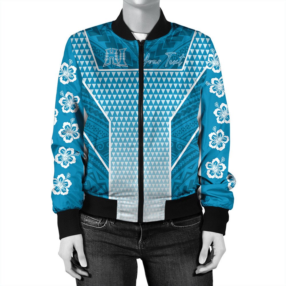 Blue bomber jacket with zip, 'HI' front graphic, 'Your Text' and floral sleeves