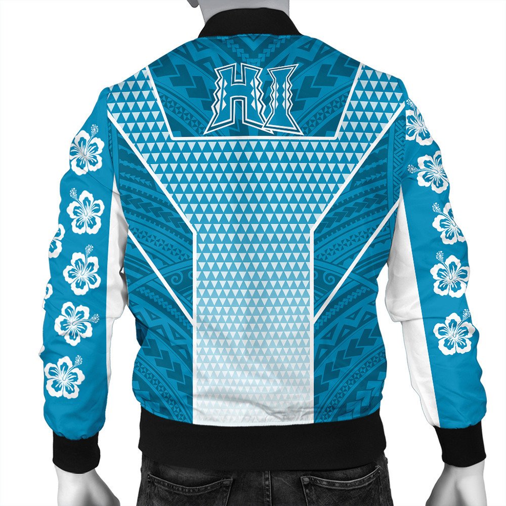 Back view: blue zip bomber jacket with 'HI' graphic, white geometric panel and floral cuffs