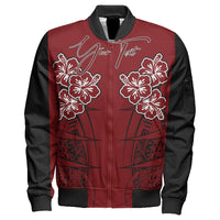 Red unisex bomber jacket, front zip with hibiscus and spearhead Polynesian print