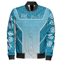 Blue zip bomber jacket, geometric print, floral sleeves, “Your Text” panel