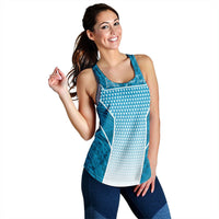 Blue gradient racerback tank top with Polynesian-style triangle pattern, sleeveless