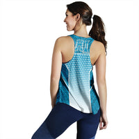 Back view of blue gradient racerback tank top with Polynesian-style geometric print