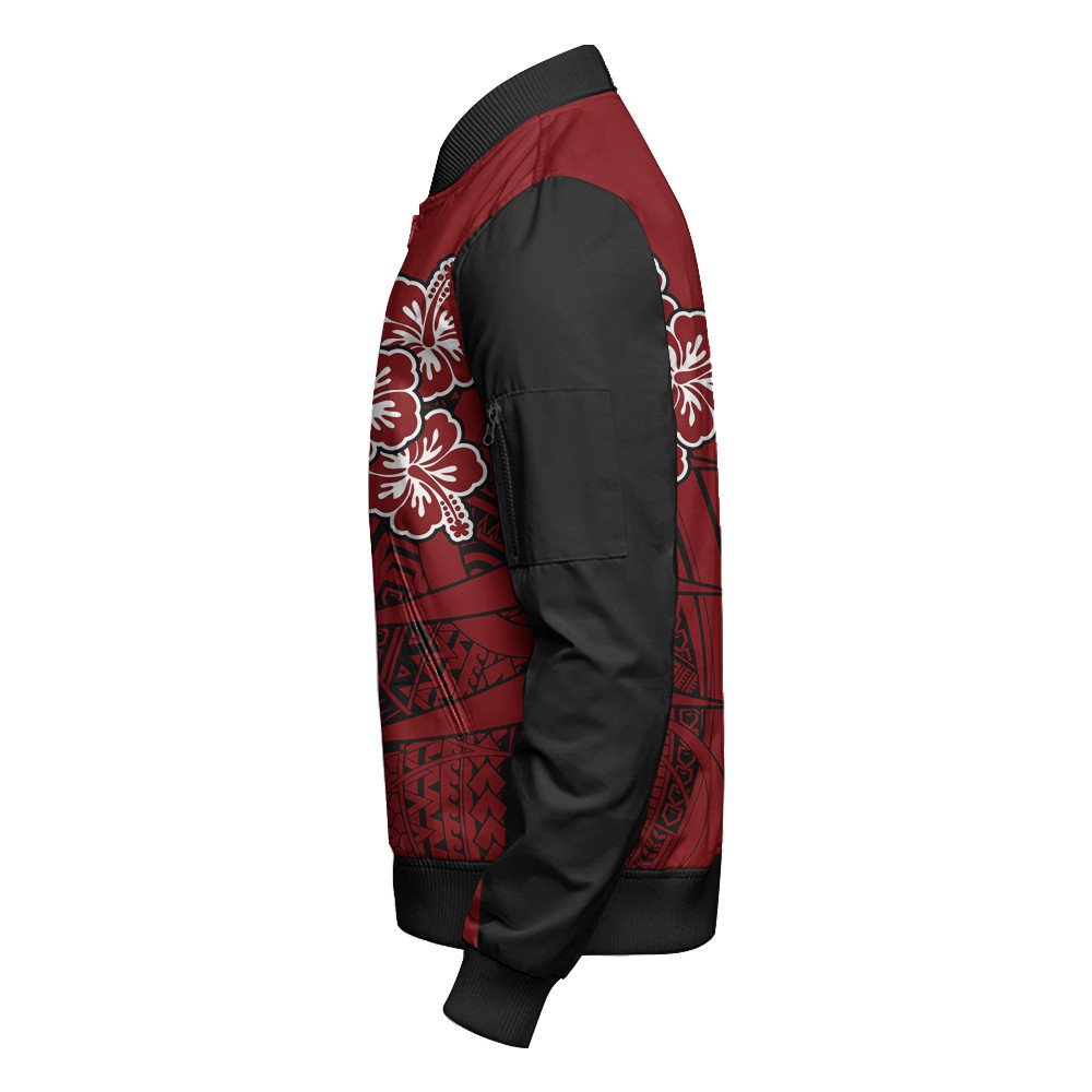 Red and black unisex bomber jacket sleeve with hibiscus and tribal patterned panel
