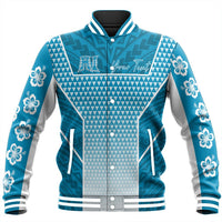 Blue patterned baseball jacket with white floral sleeves and snap-button front
