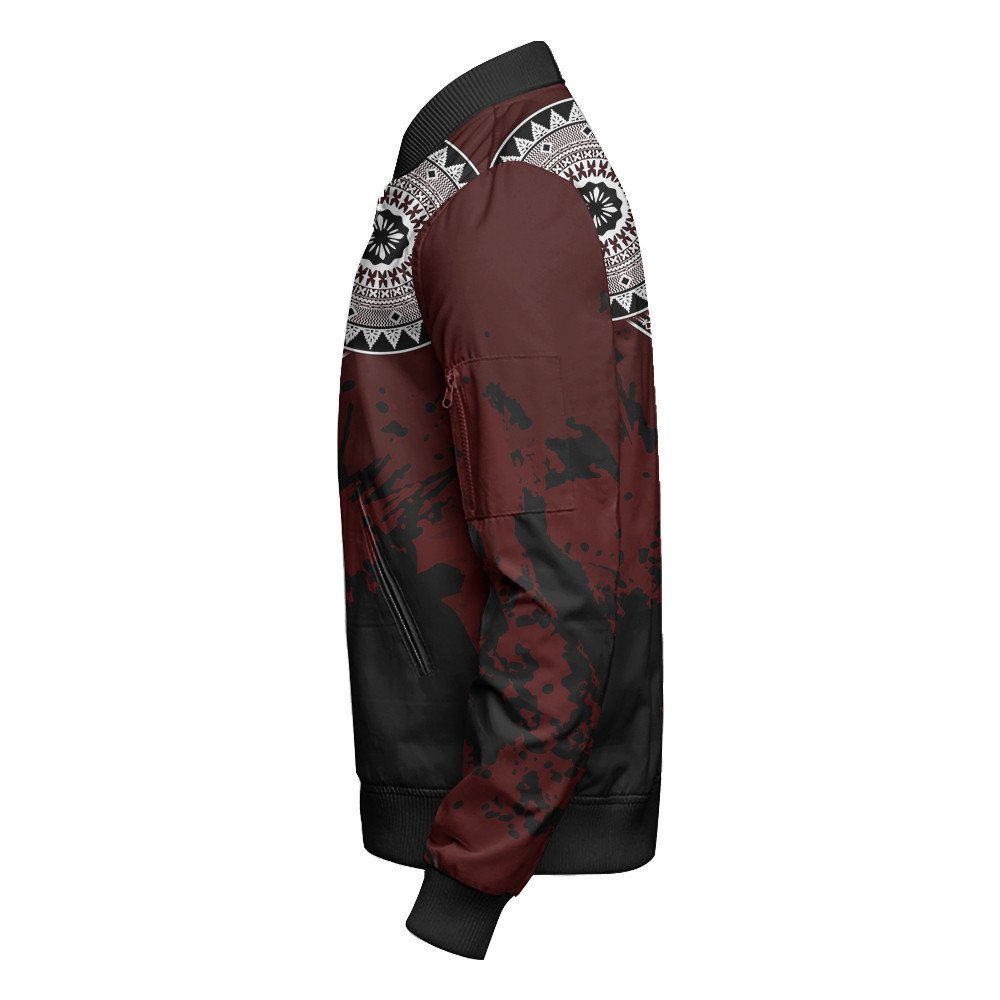 Side view red bomber jacket with white patterned hood panel and camo-like print