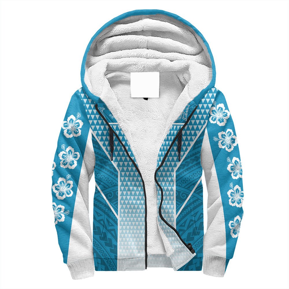 Blue gradient sherpa-lined hoodie with Polynesian pattern and floral sleeve accents