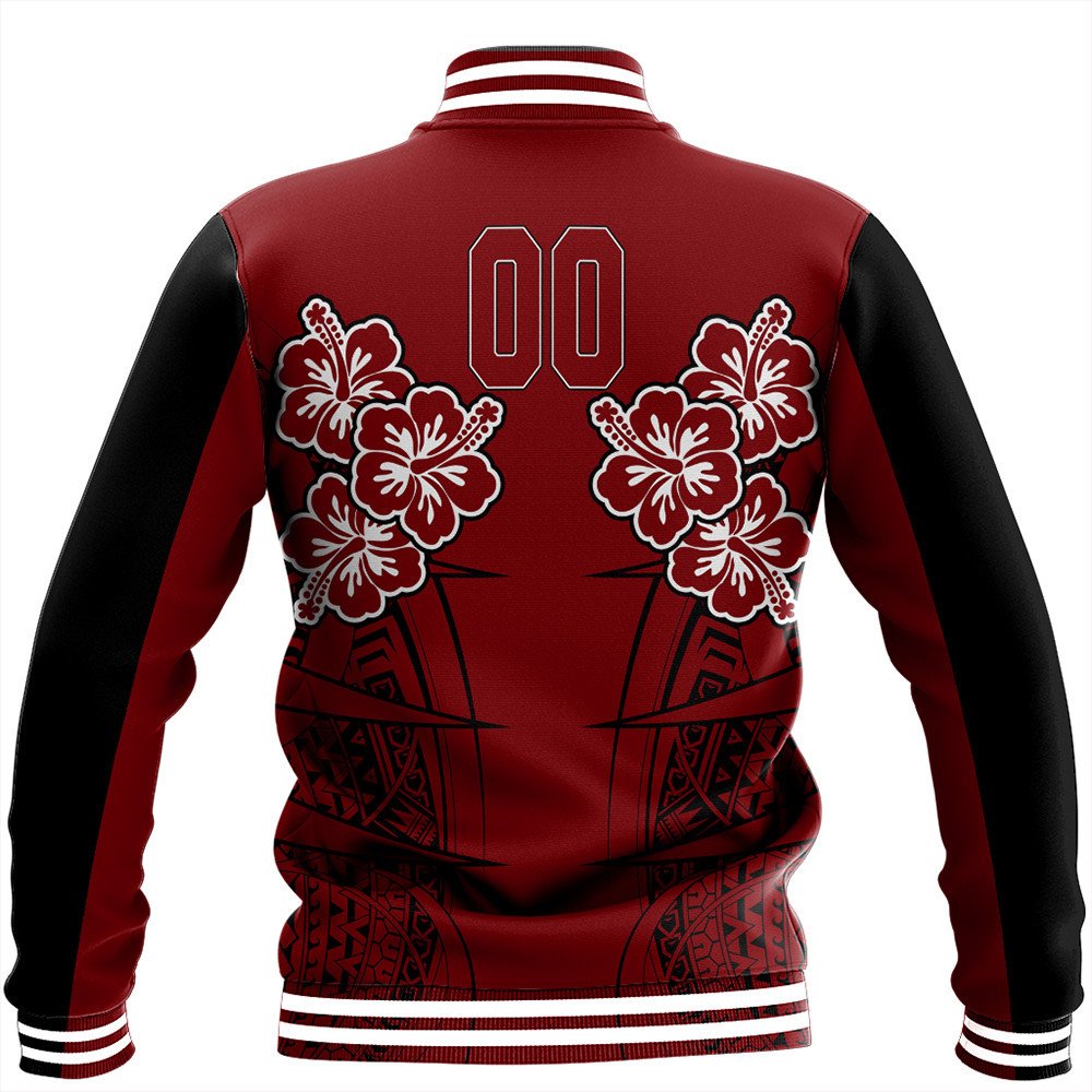 Back view red/black varsity jacket with hibiscus print, outlined '00', striped hem and cuffs