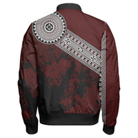 Back view red zip bomber jacket with diagonal tribal stripe and black camo-like graphics