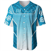 Blue Polynesian baseball jersey, V-neck button front, geometric floral pattern, Your Text